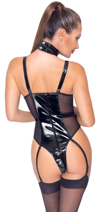 Fetish lak bodysuit met gaas