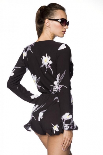 Lange mouwen v-hals playsuit bloemenprint zwart