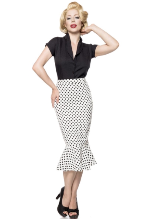 Vintage midi-lengte kokerrok wit polka